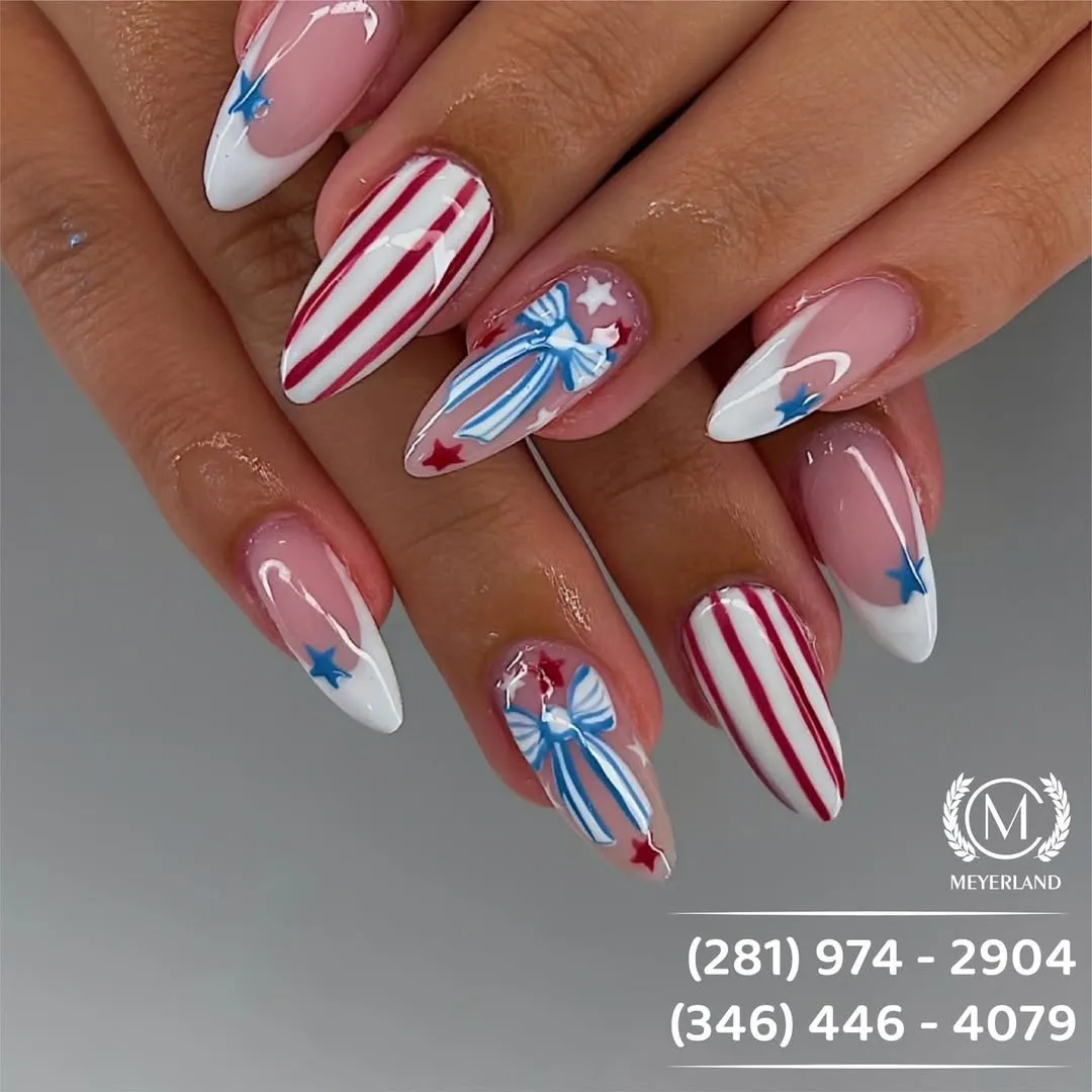 Pointed French tips with striped and bow accents (with visible text overlay)