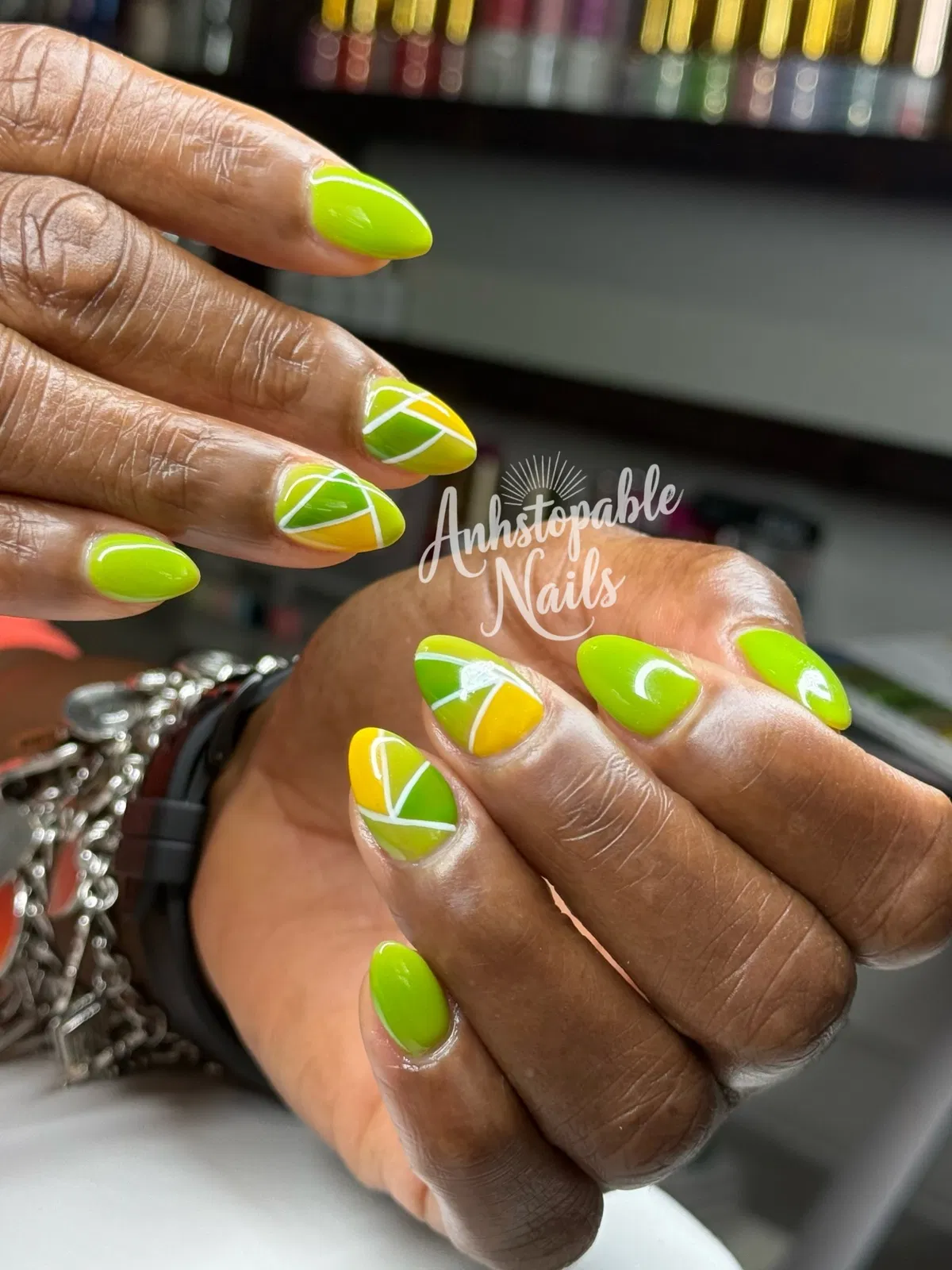 Solid lime with yellow-and-white geometric accents