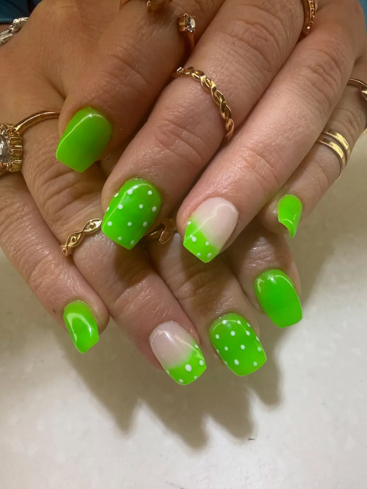 Bright lime squares with polka-dot accents