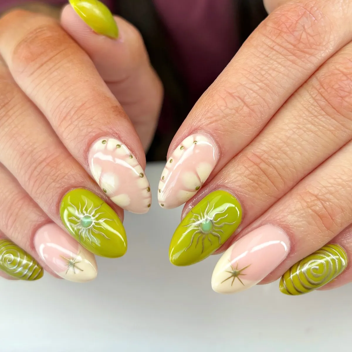 Lime green mix-and-match with studs and line art