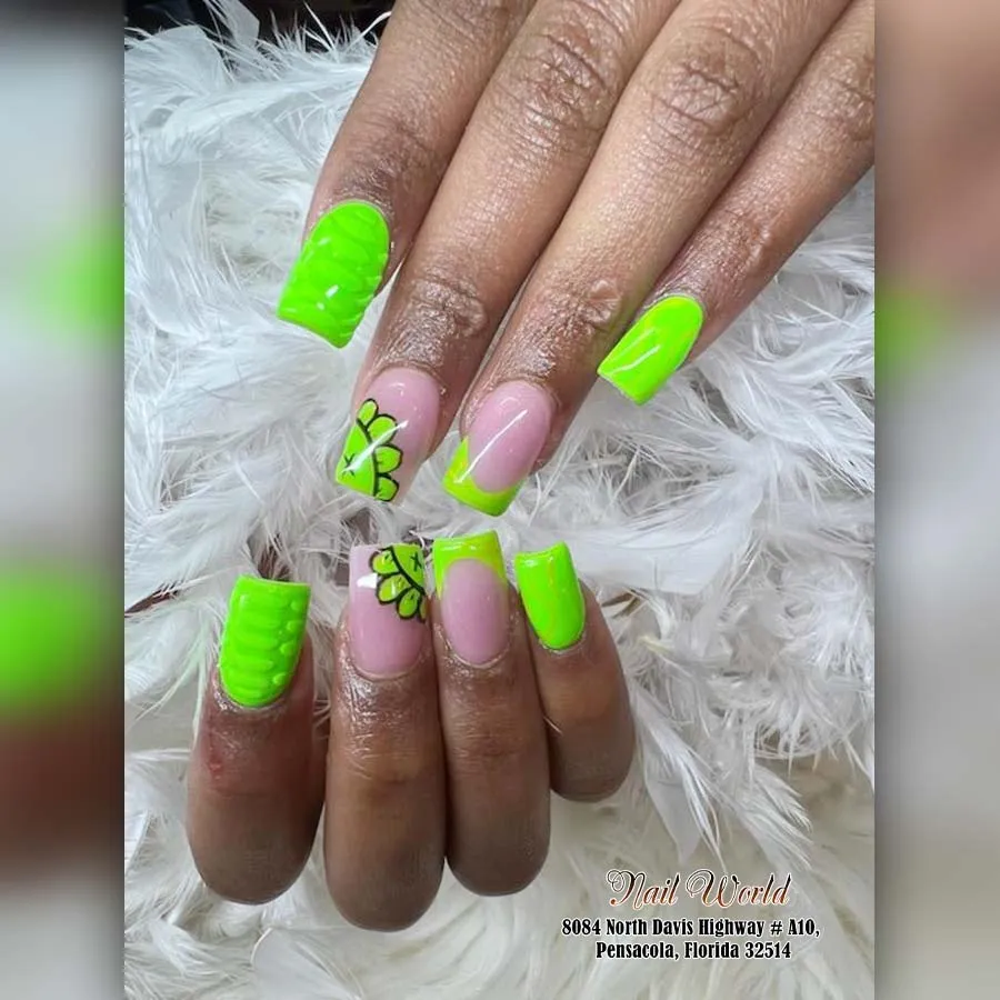 Neon lime squares with butterfly-wing accents and ridged texture