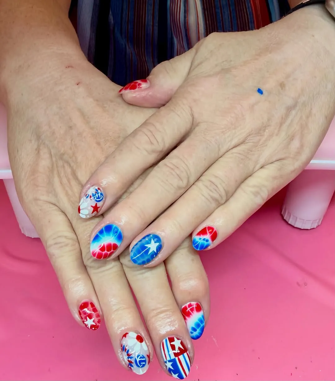 Tie-dye blends with stars and striped accents