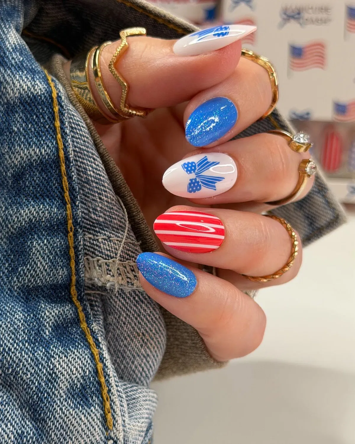Blue shimmer solids with white bow and red stripe accents
