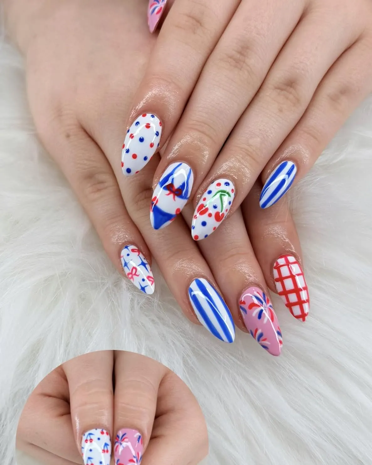 Long pointed mix: polka dots, stripes, grid, and firework bursts