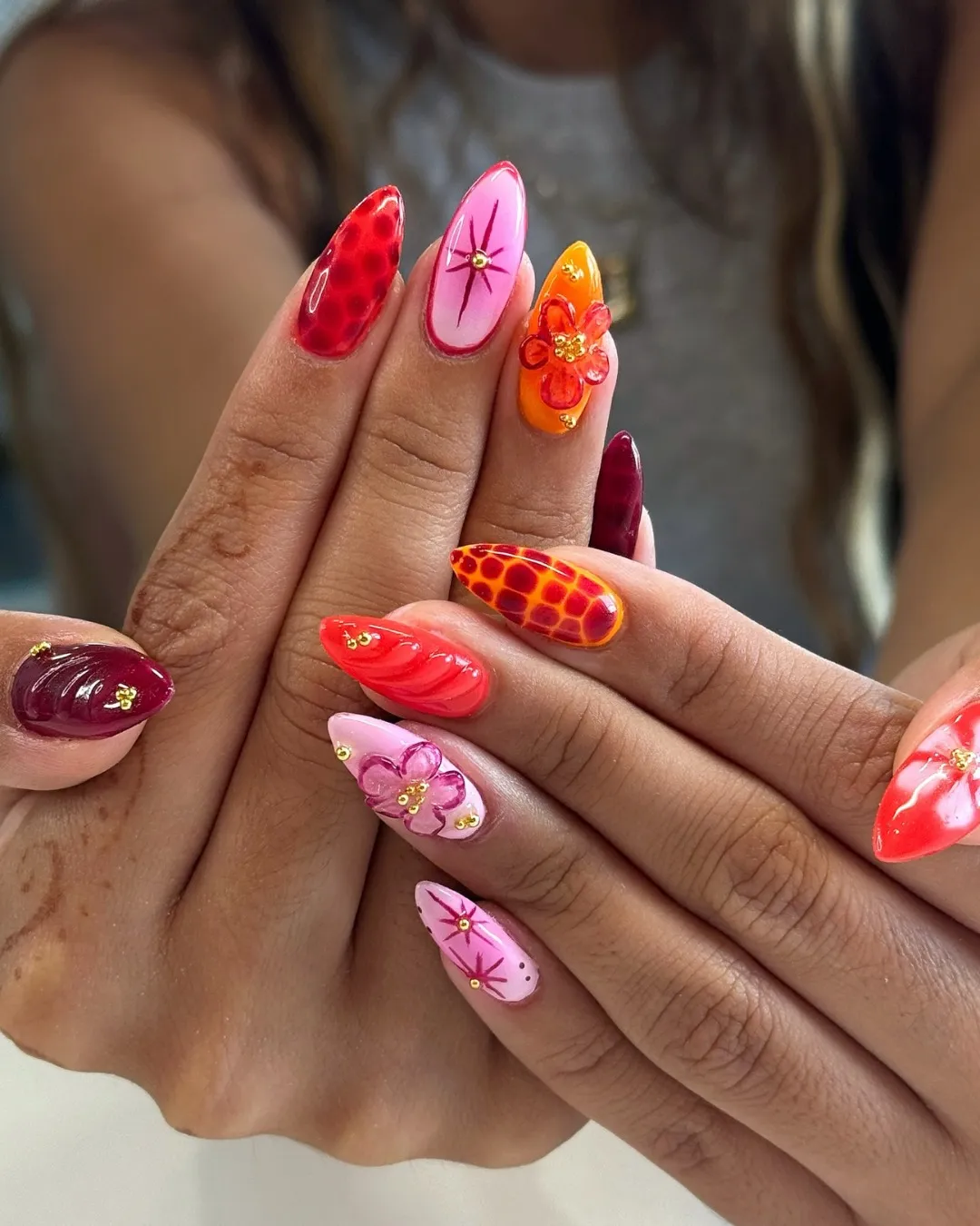 Warm brights with 3D florals and gold bead accents