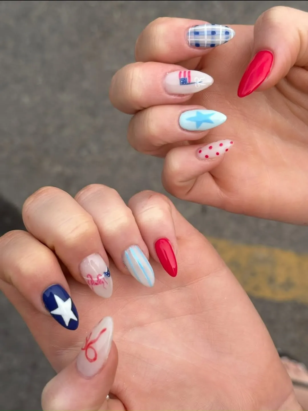 Plaid, polka dots, and small flag-like accents
