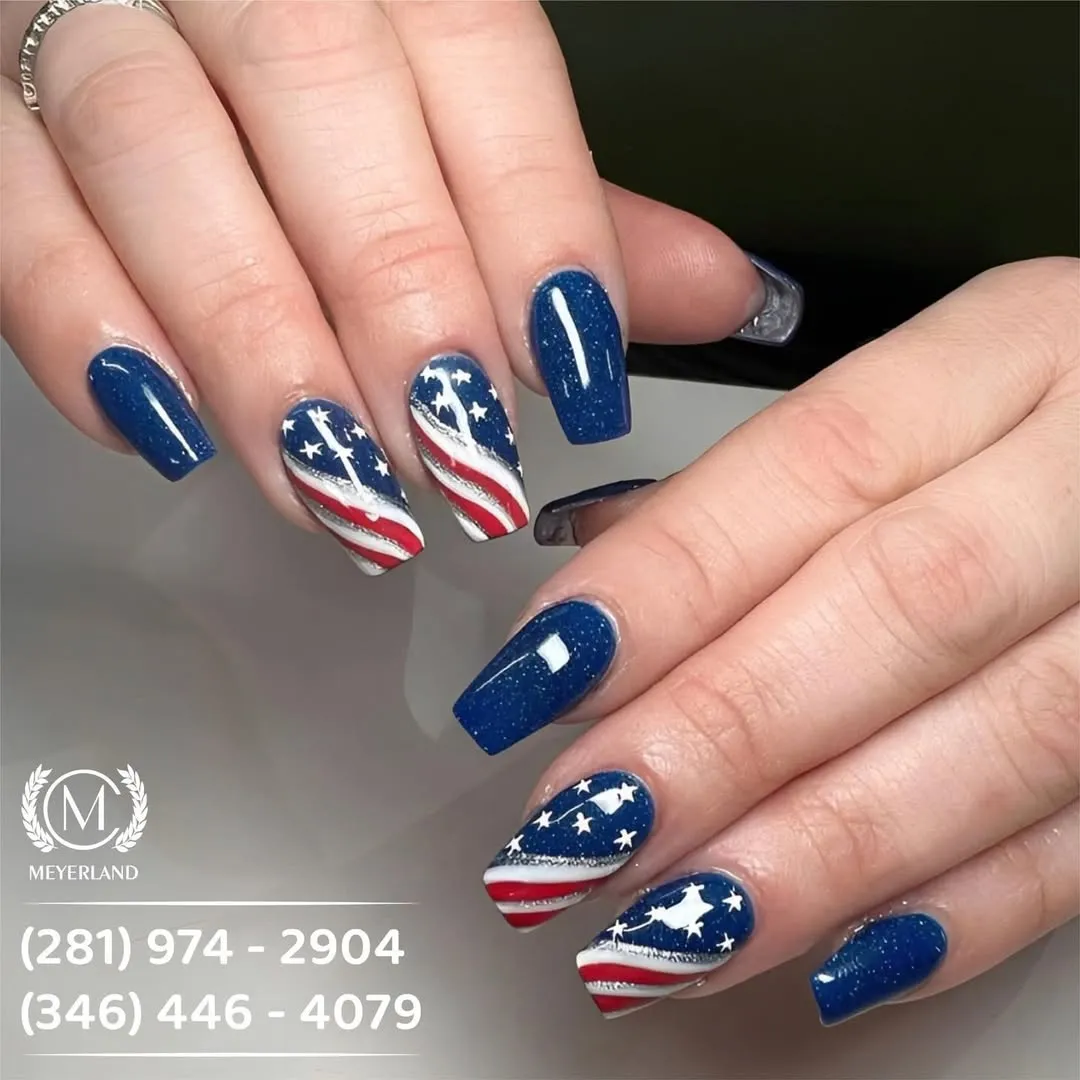 Sparkly deep-blue set with wavy star-and-stripe accents