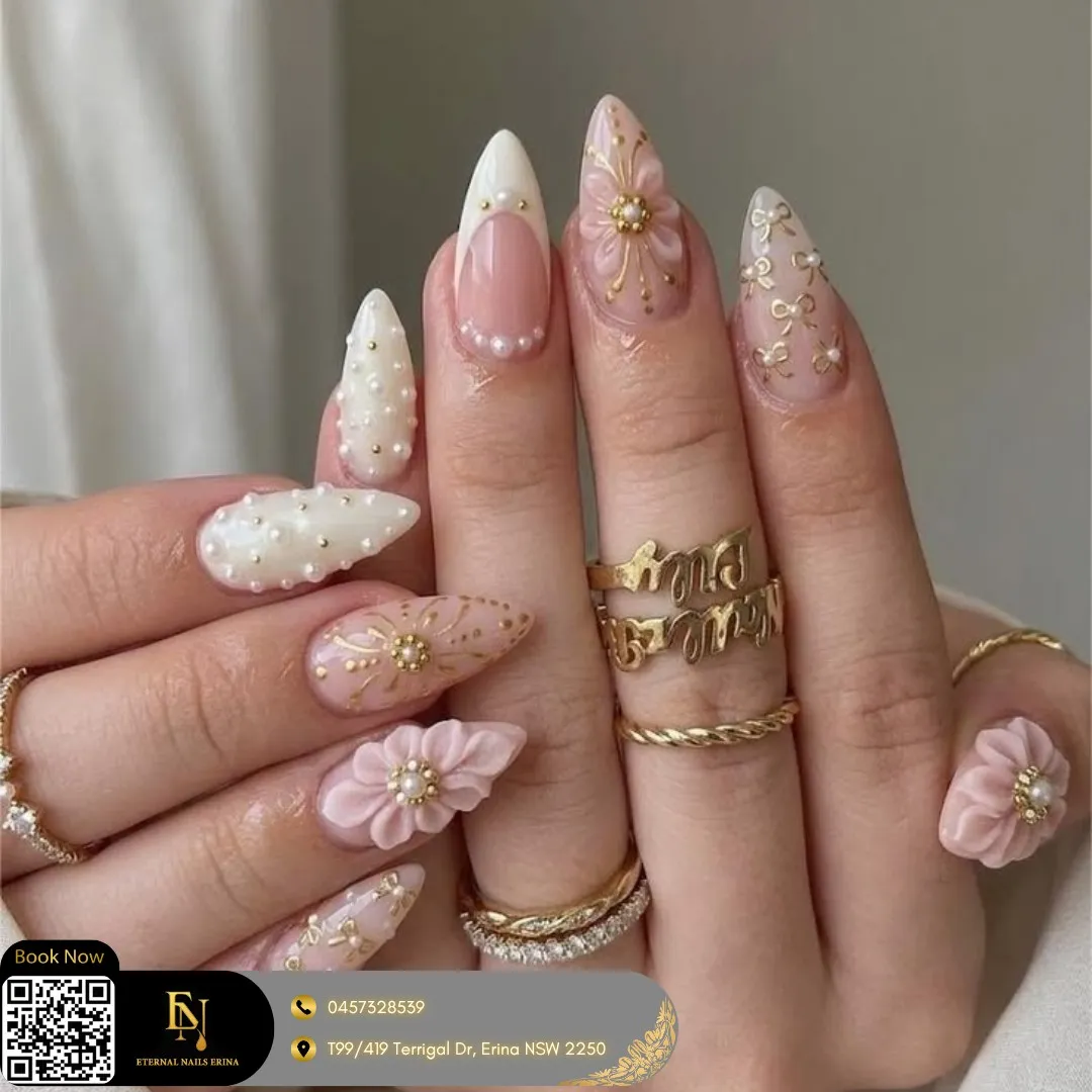 Mixed 3D florals, bow motifs, and pearl-textured accents