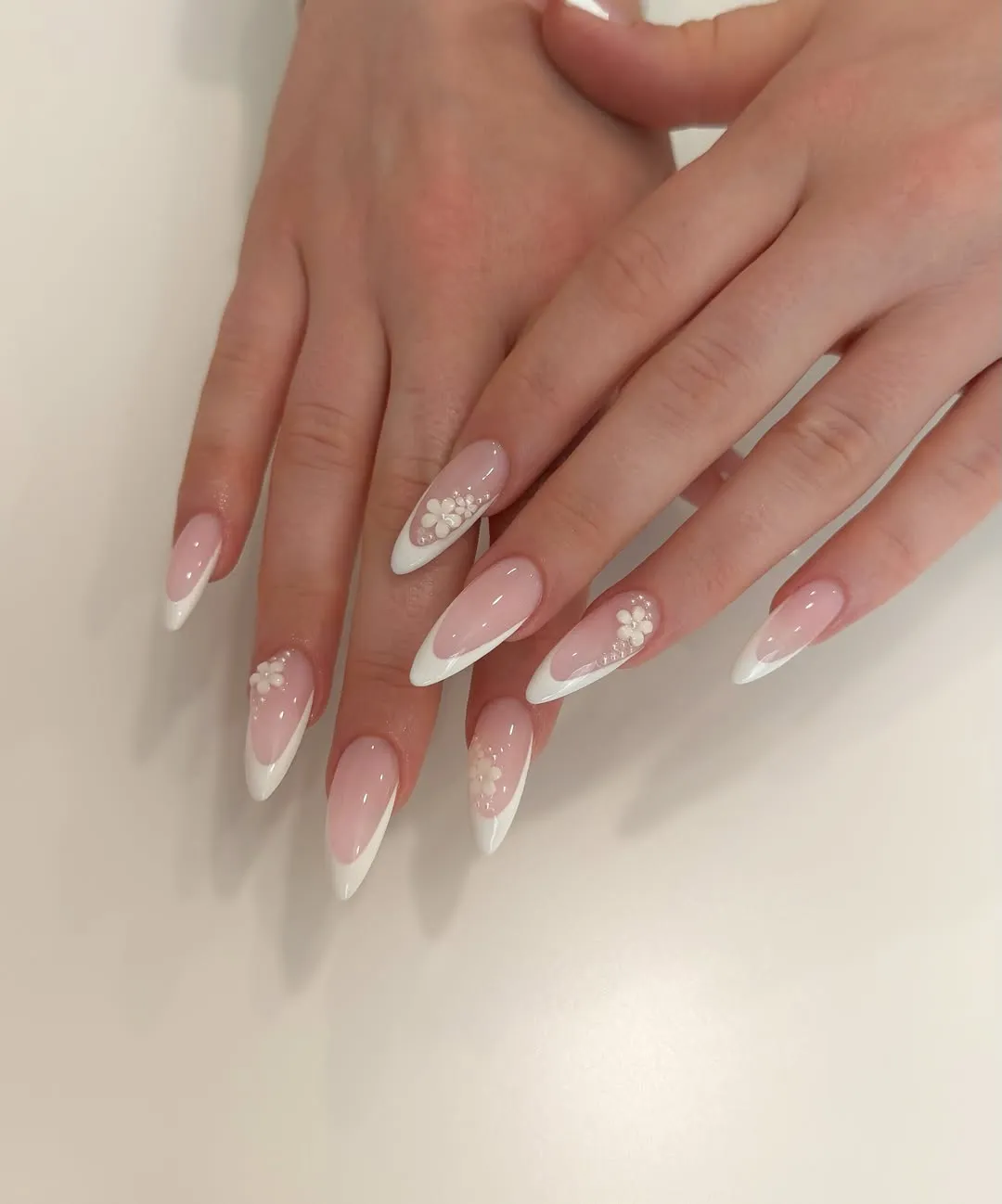 Pink French Tips with Small 3D Floral Clusters
