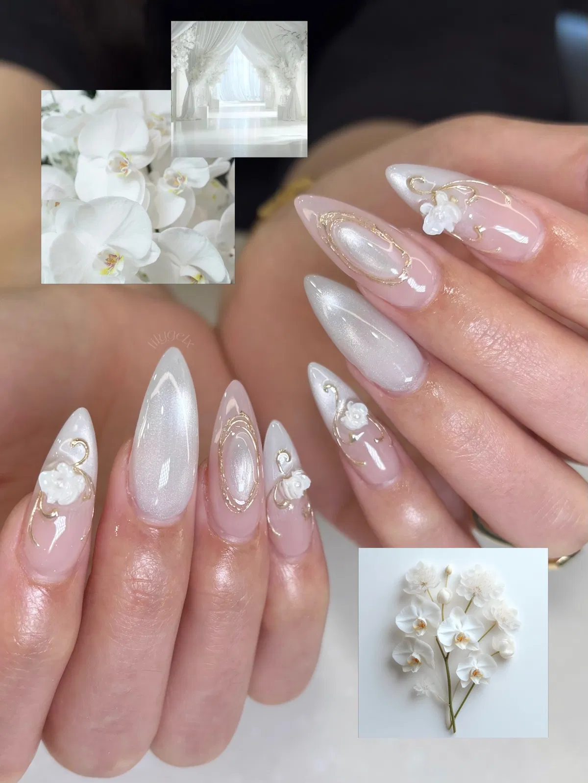 Pearly white with gold outlines and 3D flowers