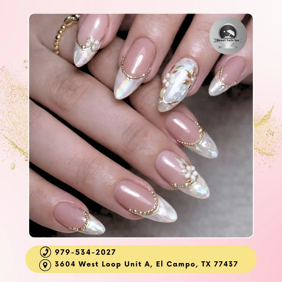 Iridescent tips with gold beaded borders and flowers