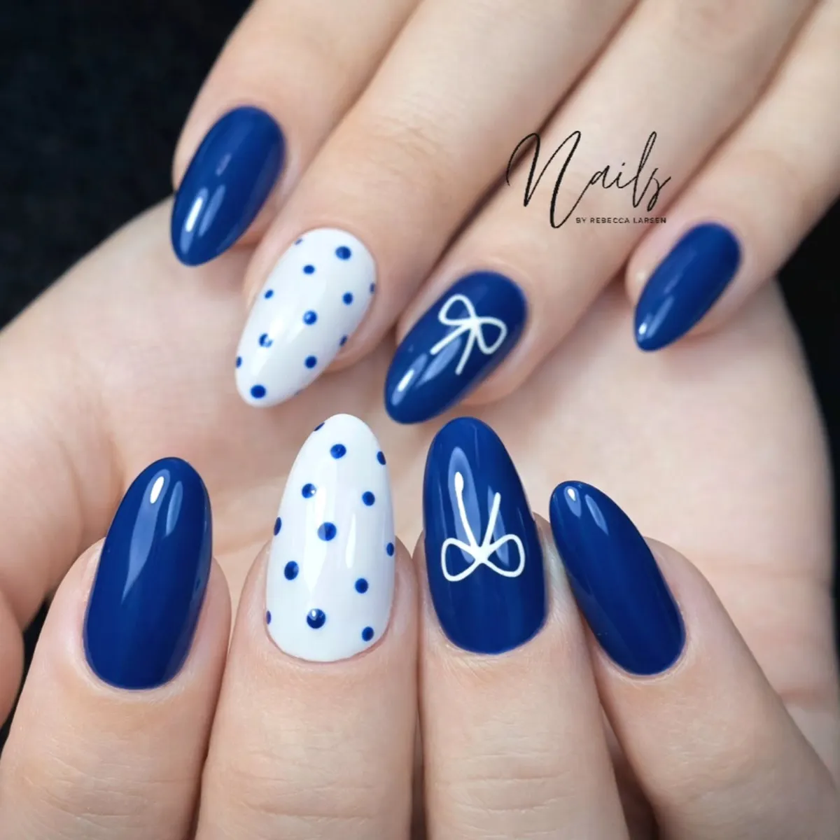 Navy and white polka dots with bow line art