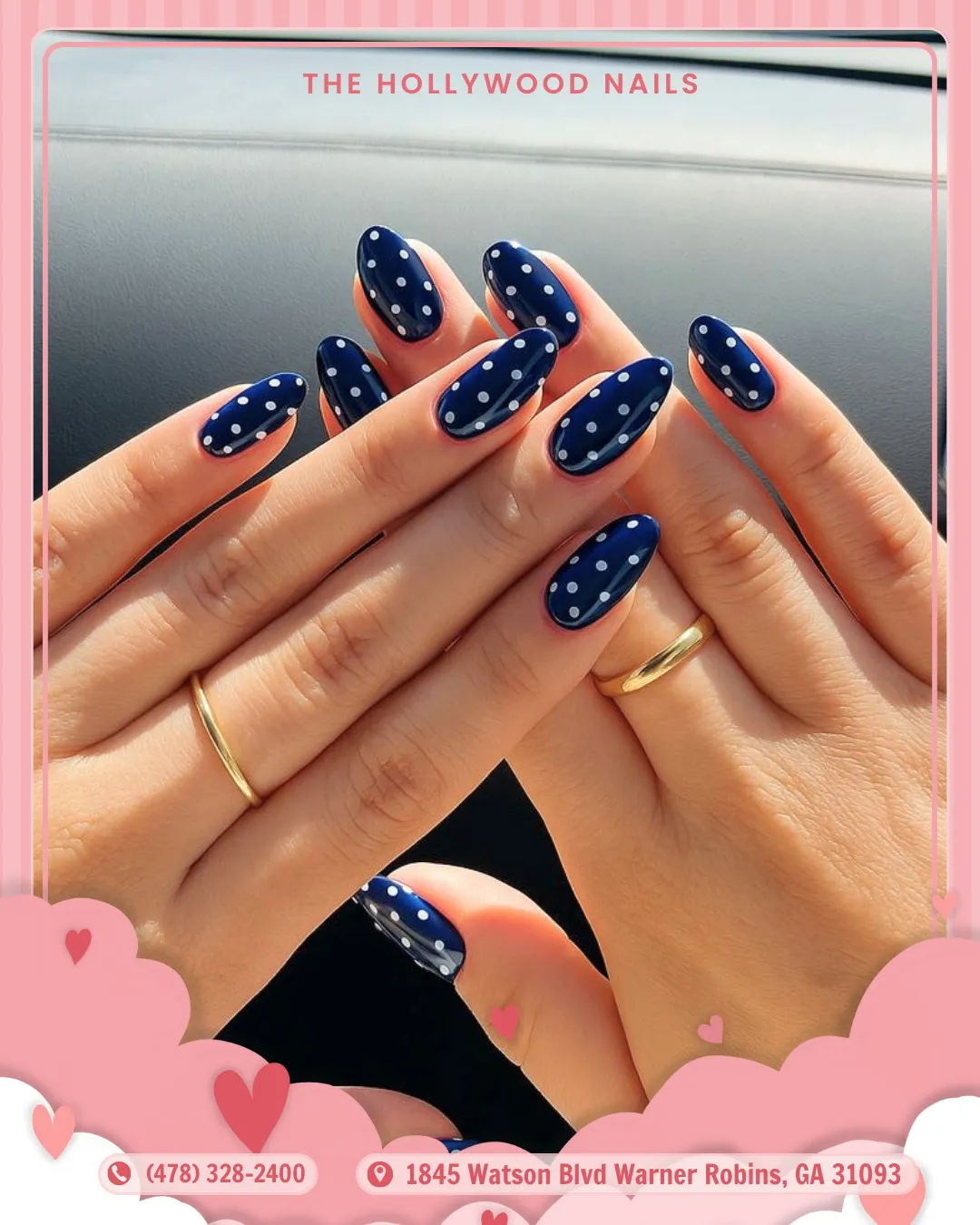 Navy polka dot set with salon text overlay