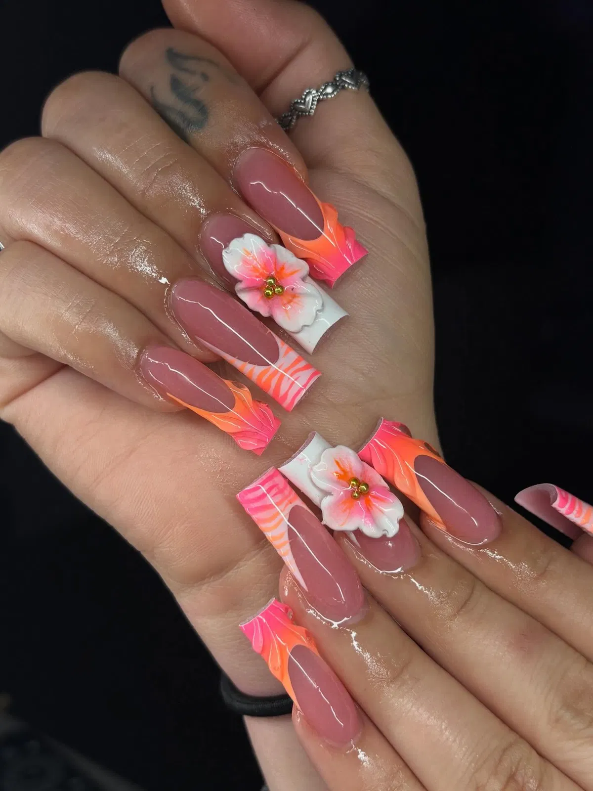 Mauve Base with Neon Flame Tips, Zebra Stripes, and 3D Flowers