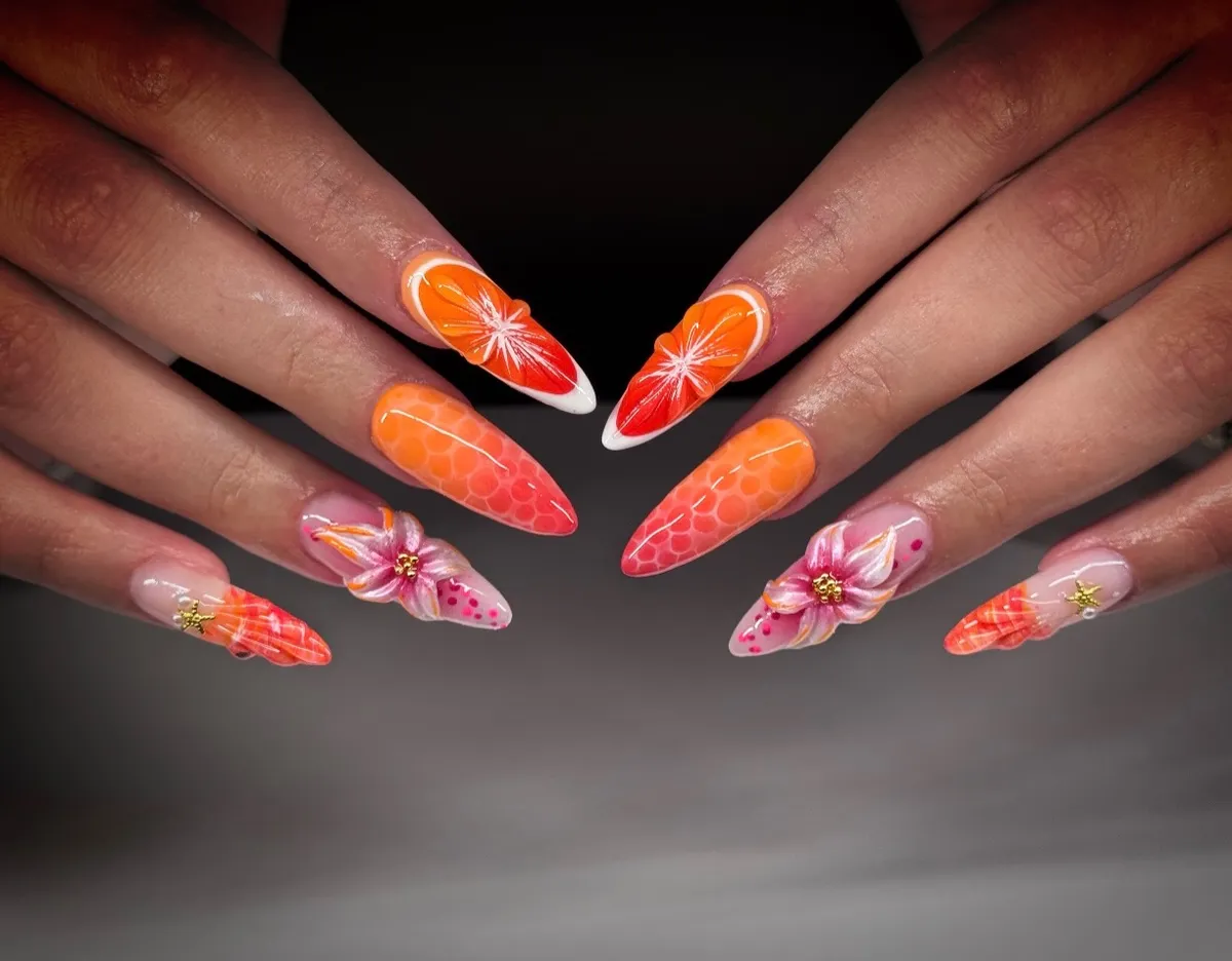 Orange-red gradients with starbursts, honeycomb pattern, and florals