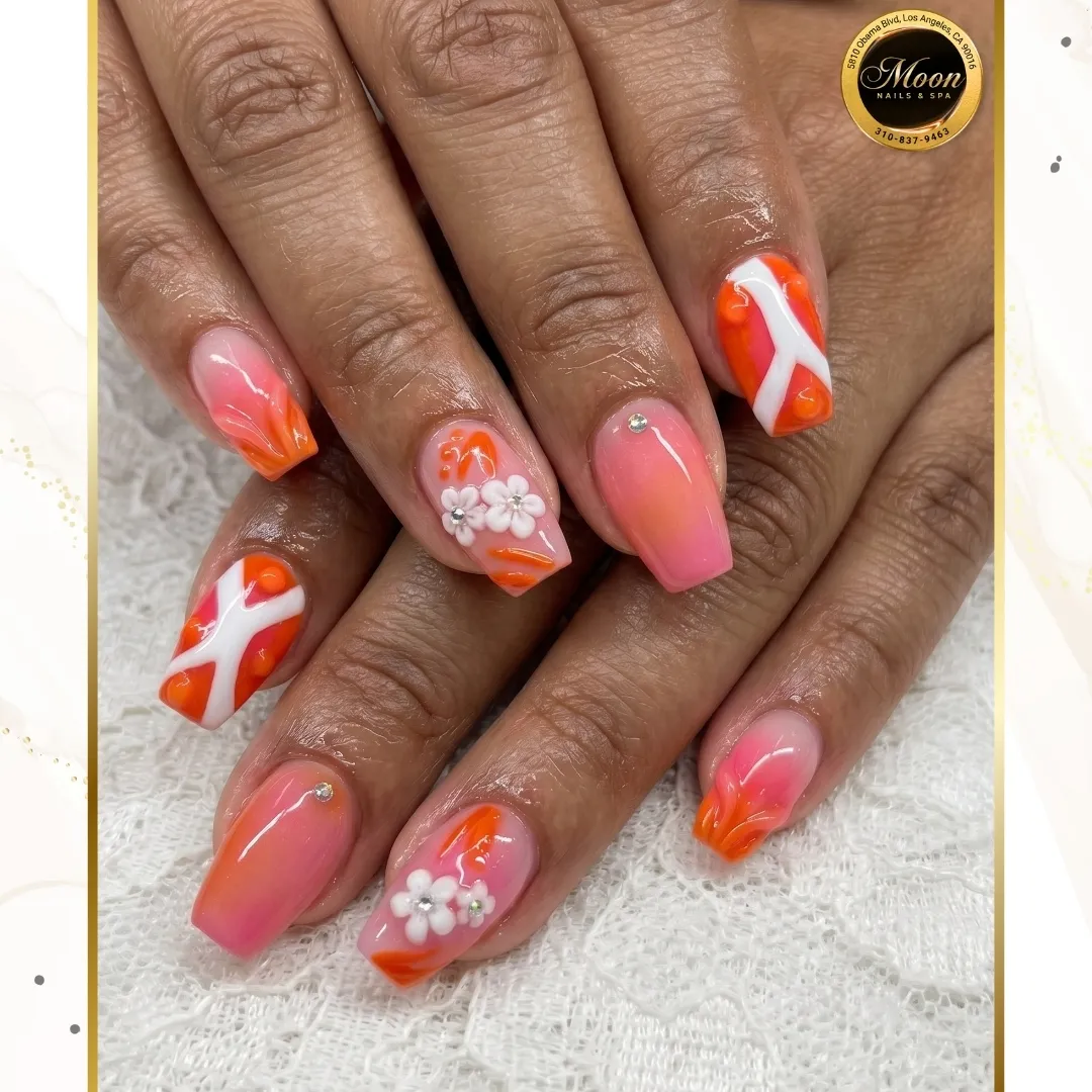 Pink-orange gradients with white line art and 3D floral accents