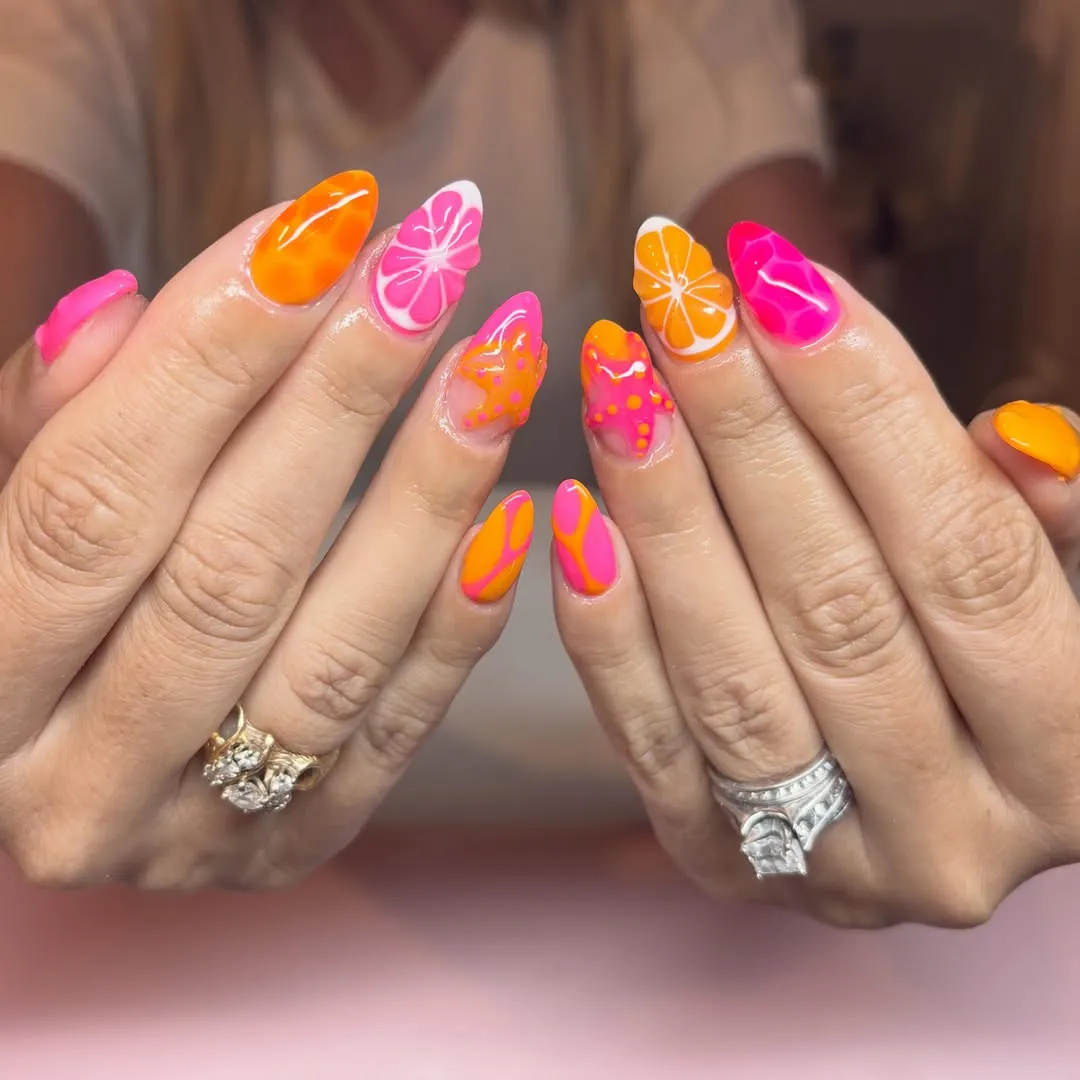 Citrus-slice nails with dots and swirls