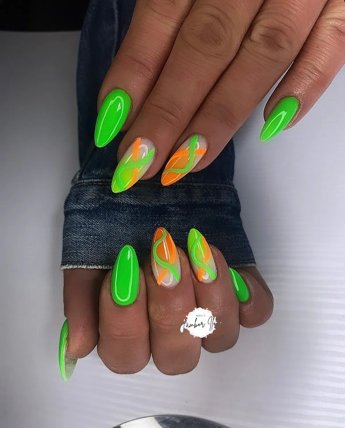 Neon green solids with orange-green swirl accents