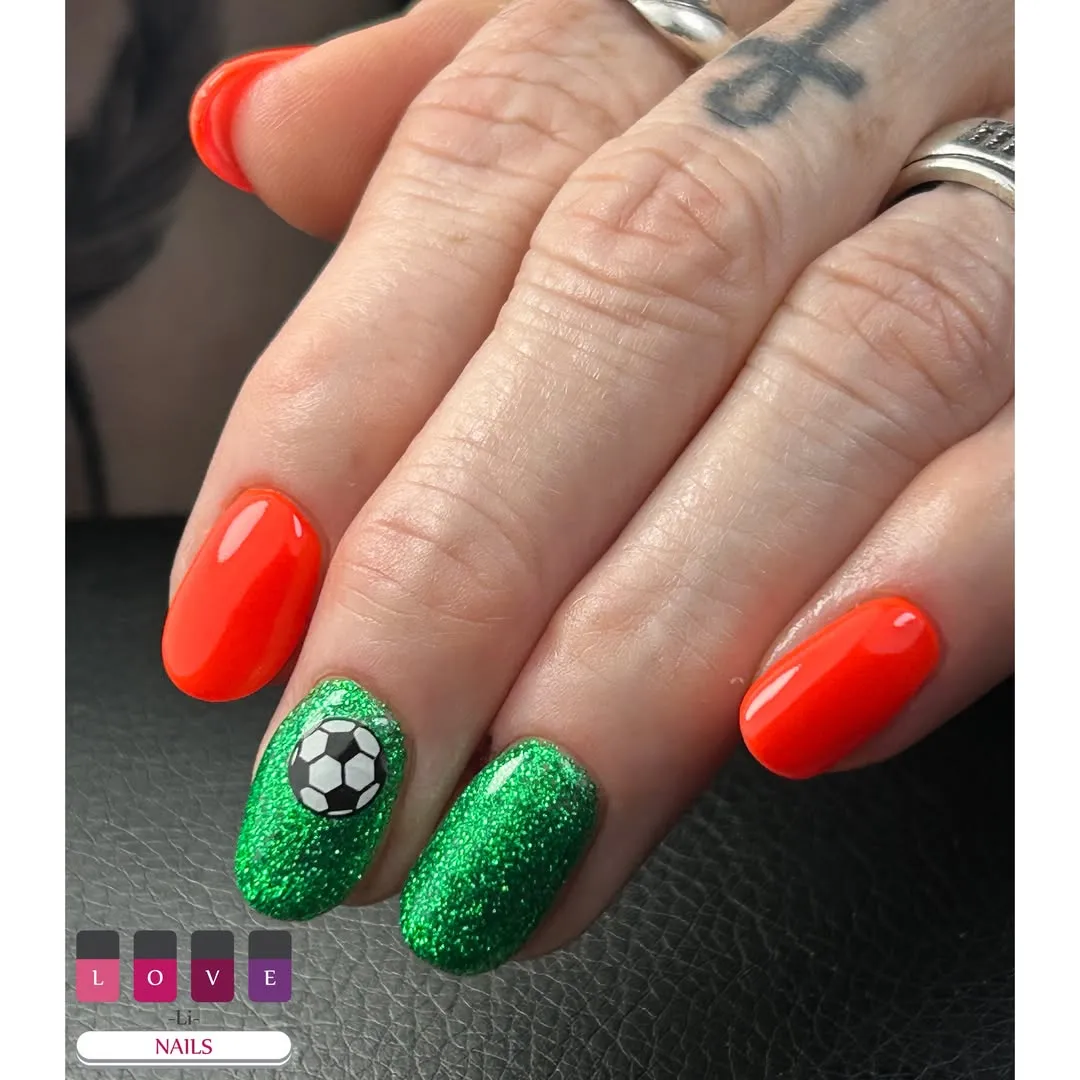 Bright orange paired with glittery green and a soccer accent