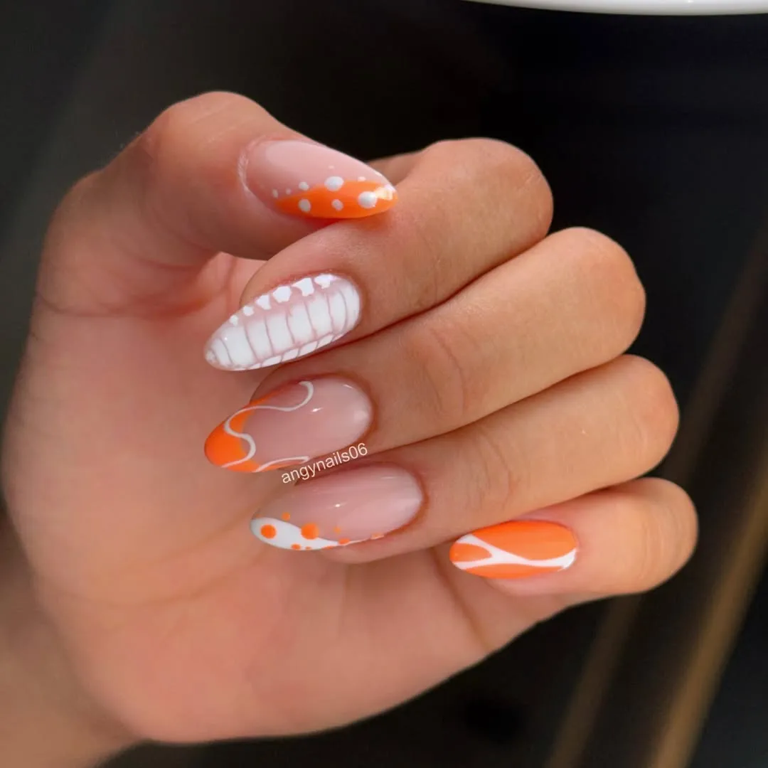Abstract orange-and-white swirls on nude base