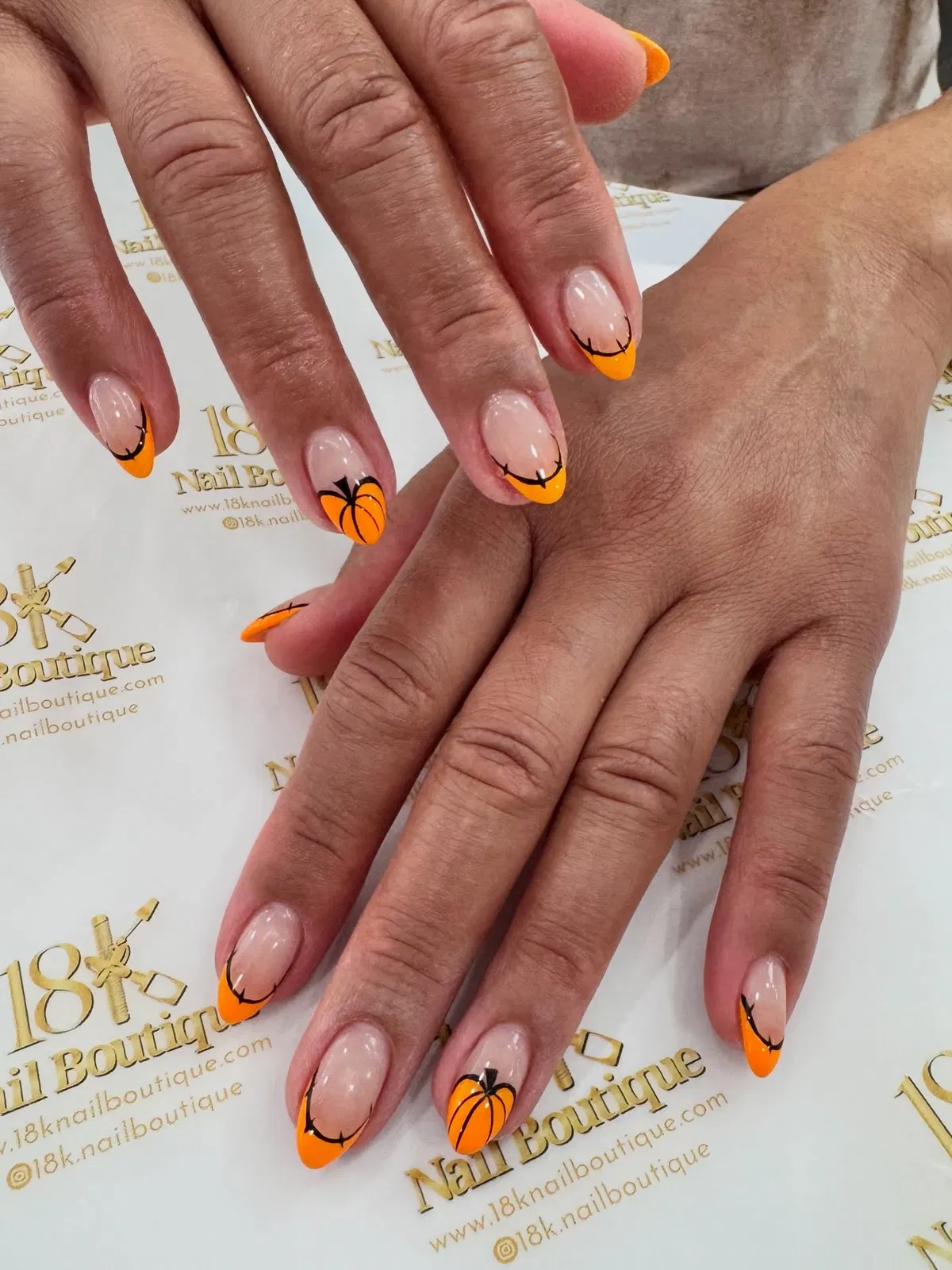 Orange French Tips with Black Outline and Pumpkin Accents