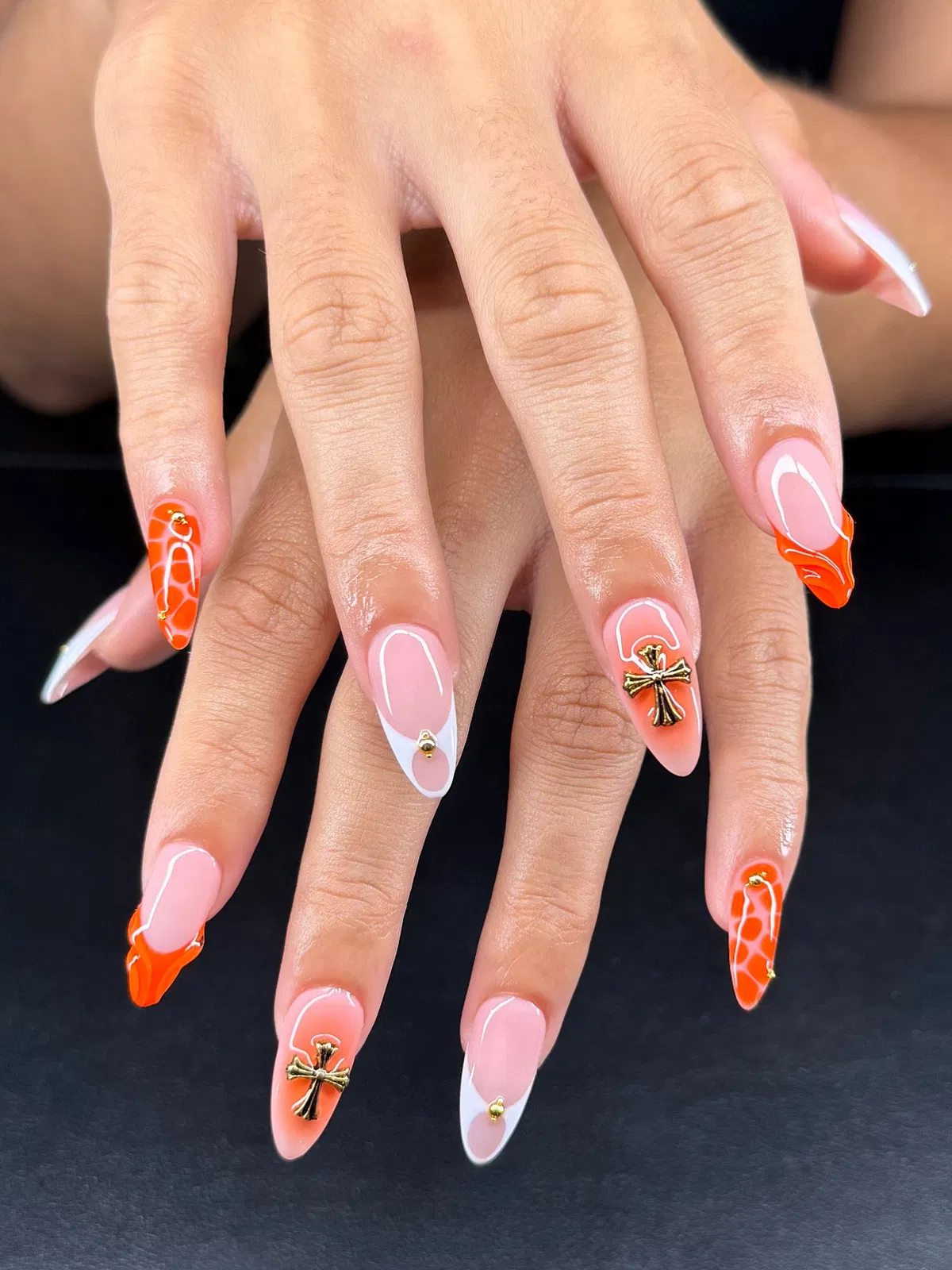 Orange Tip Mix with White Outlines, Spot Pattern, and Gold Cross Charms