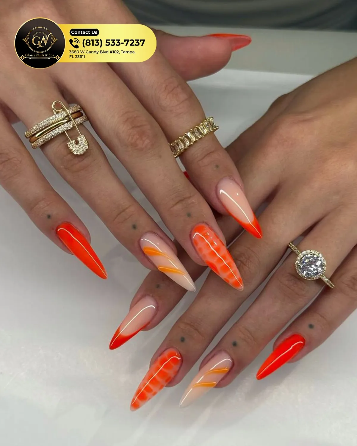 Orange Stiletto Set with Nude Bases, Swirls, and Spots