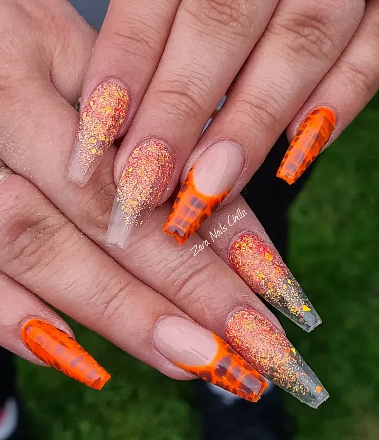 Orange Glitter Fade with Tortoiseshell-Style Tips