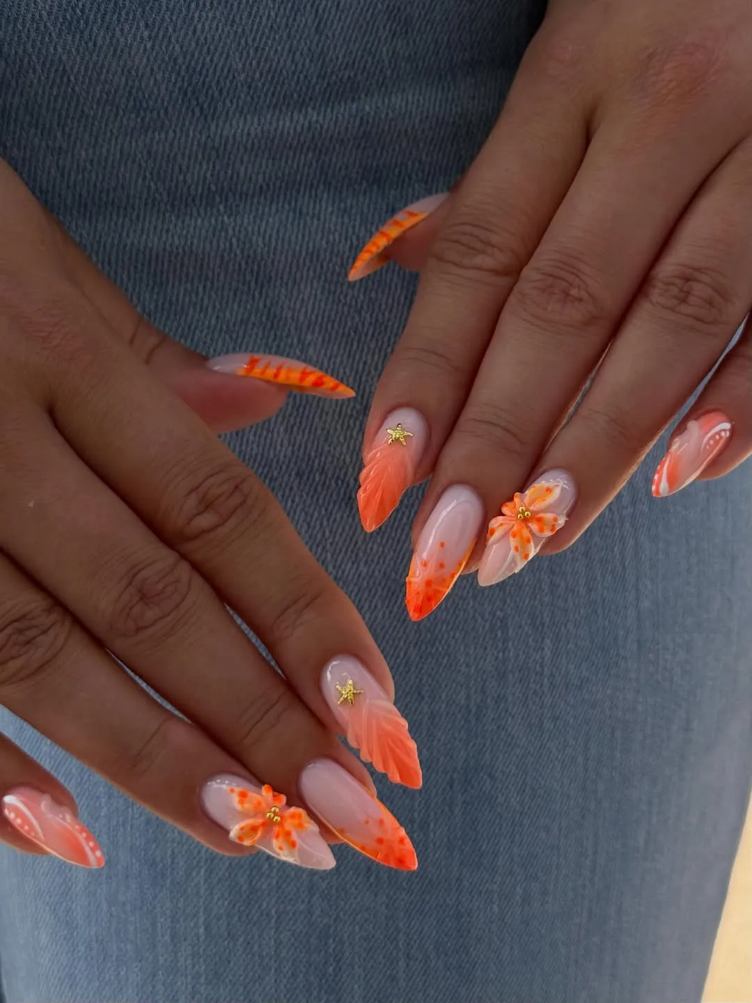 3D orange florals and textured accents with starfish charms