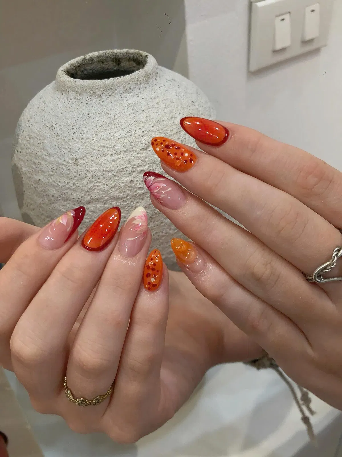 Orange solids with marbled and confetti-dot accents