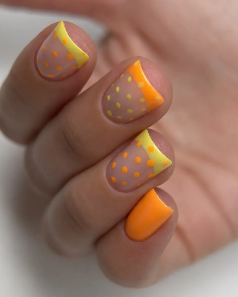 Diagonal yellow/orange tips with matching polka dots