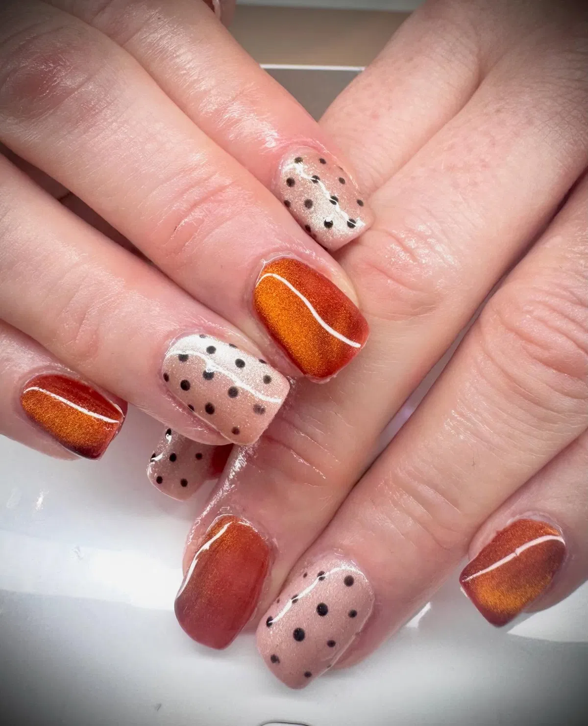Shimmery Orange with White Wave Lines and Black Polka Dots