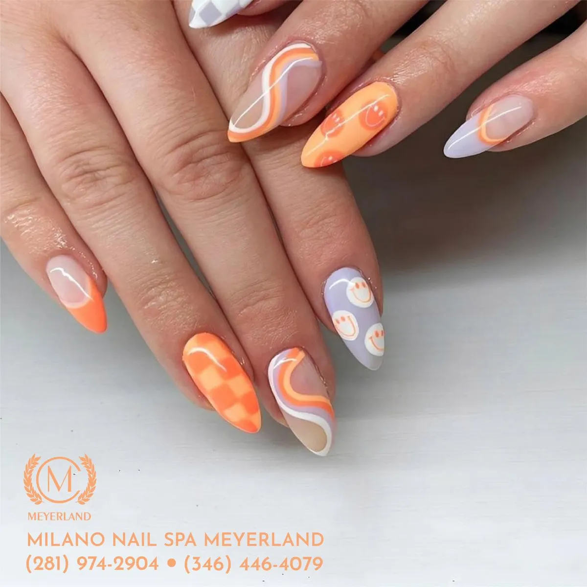Stiletto pastel orange mix: checker, swirls, and smiley accents