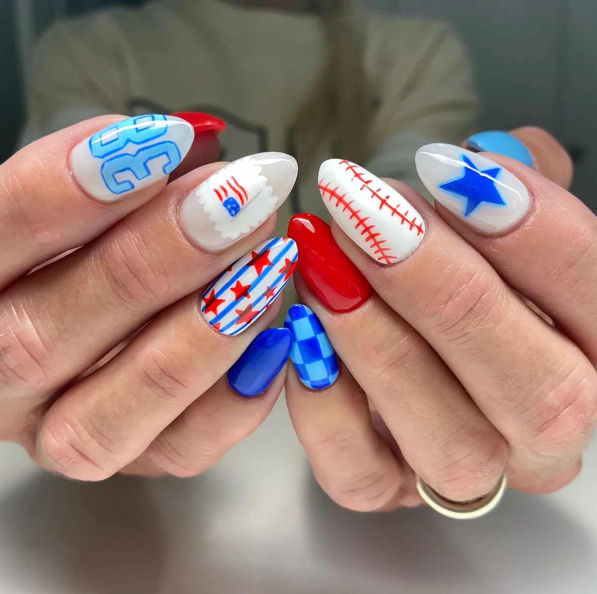 Bold star graphics with checker and stitched-line accents