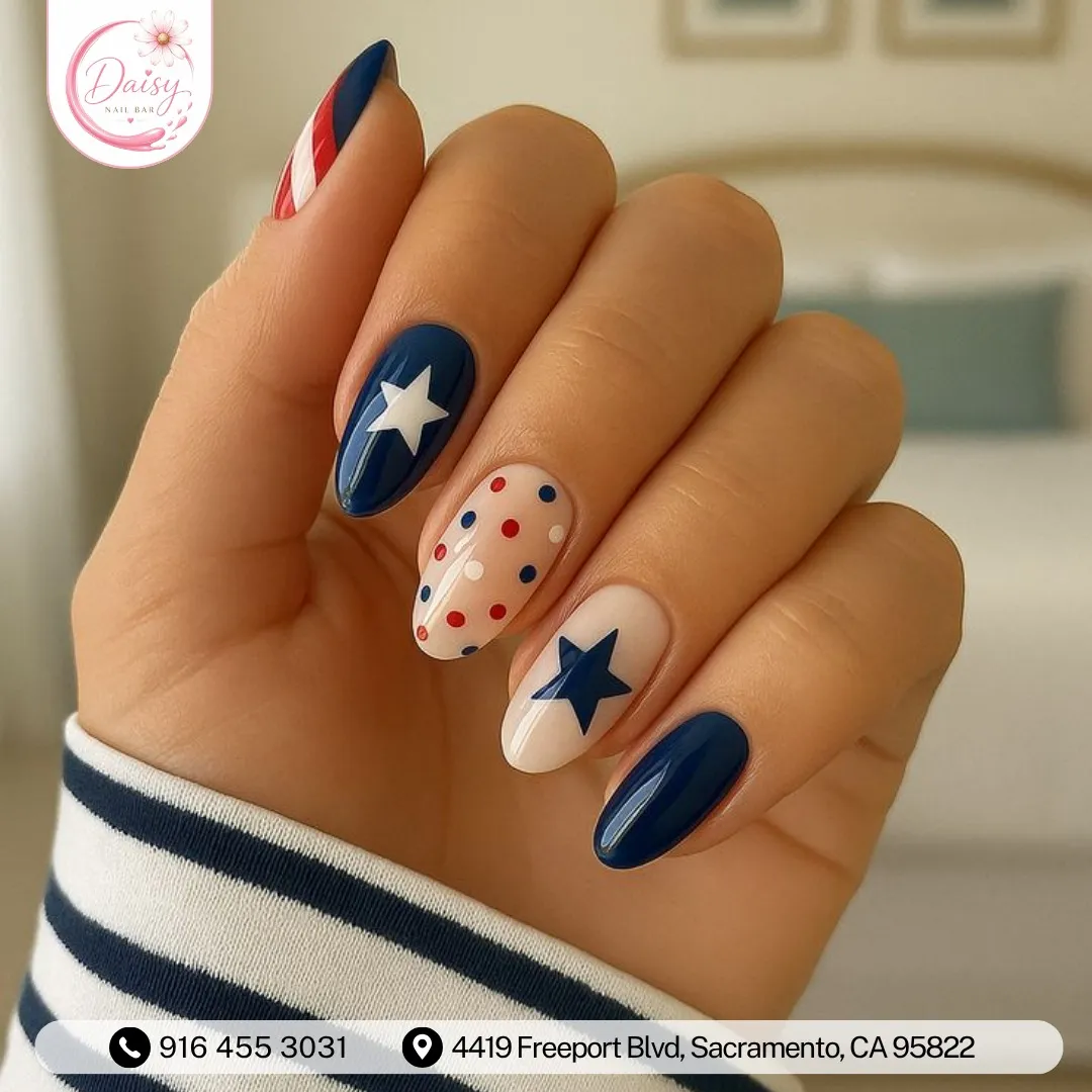 Minimal star nails with dotted nude accent
