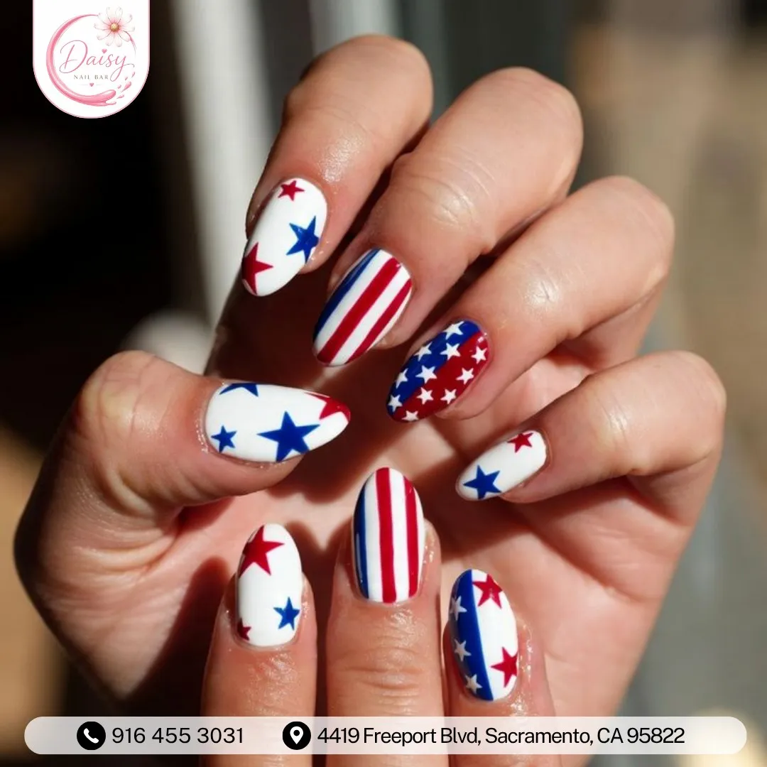 Star scatter and stripe mix with a star-filled accent nail