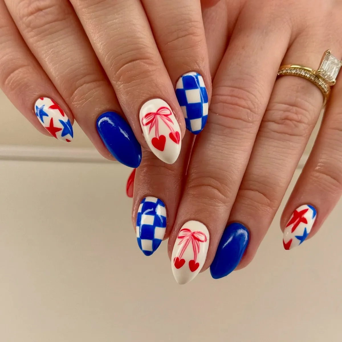 Checkerboard blue with bow-and-heart accents
