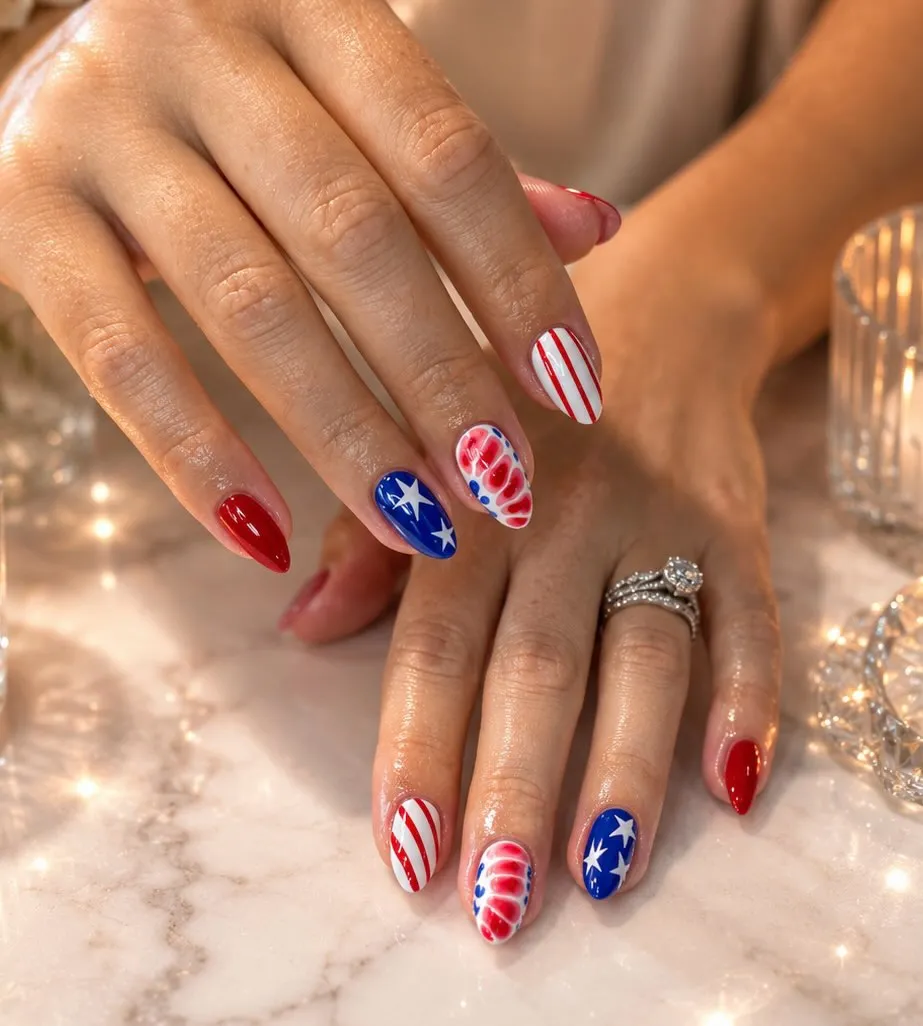 Long glossy set with stars, diagonal stripes, and red swirl accent