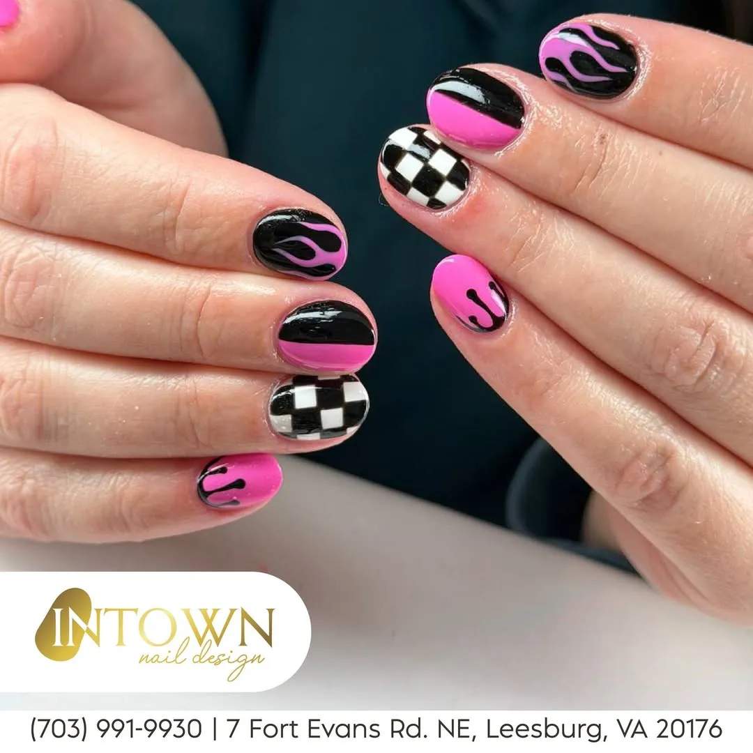 Checkerboard and Flame Motifs in Pink and Black (with Visible Salon Text)