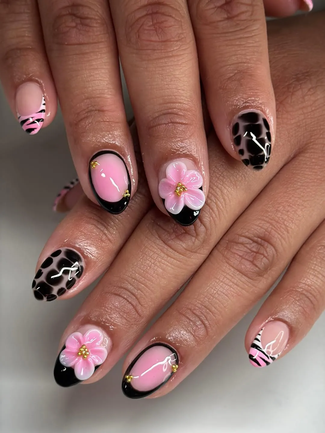 3D Pink Flowers with Black French Tips and Animal Prints