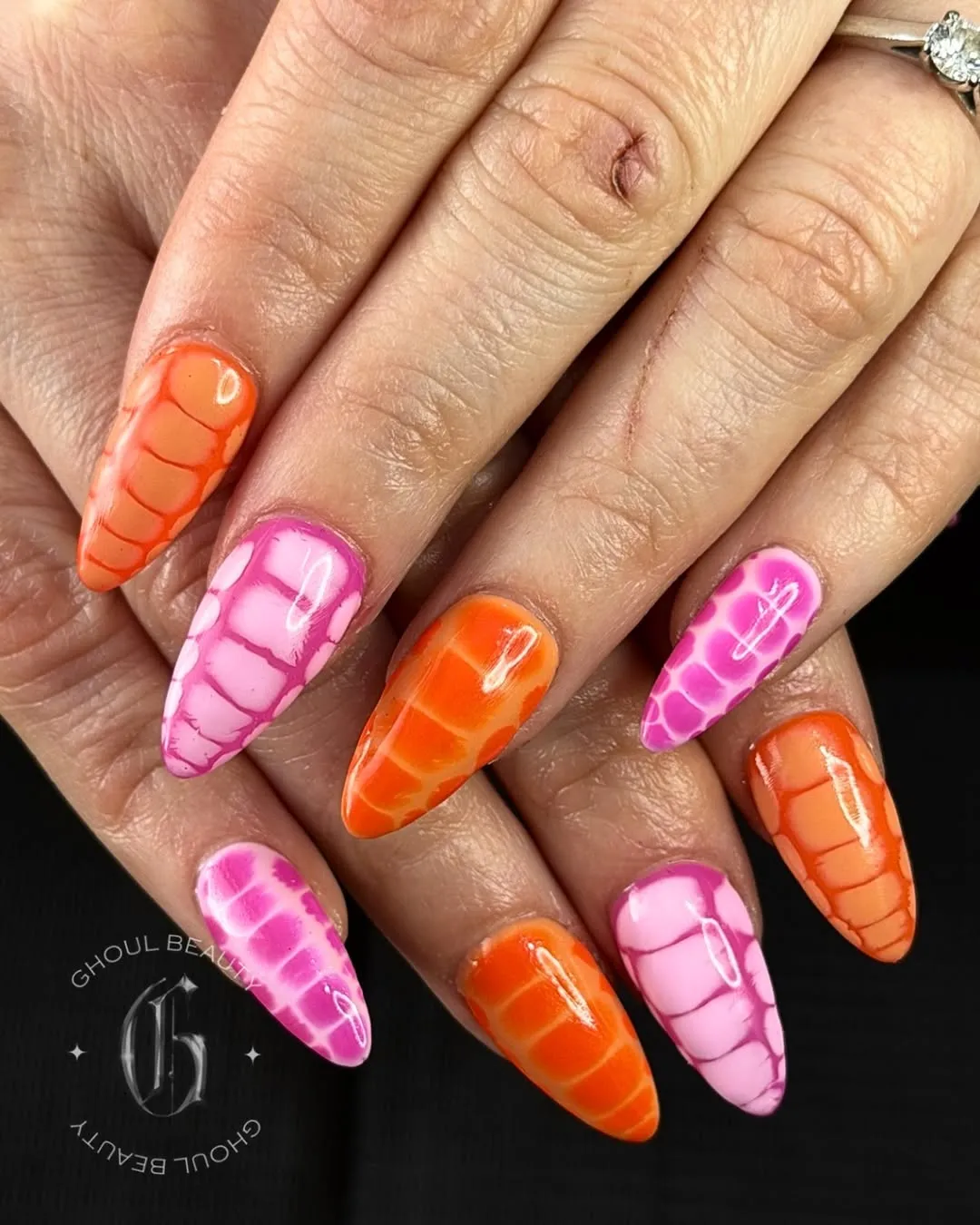 Neon Pink and Orange Scale Pattern Stilettos