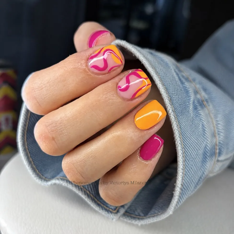 Short square solids with pink-orange wavy accents