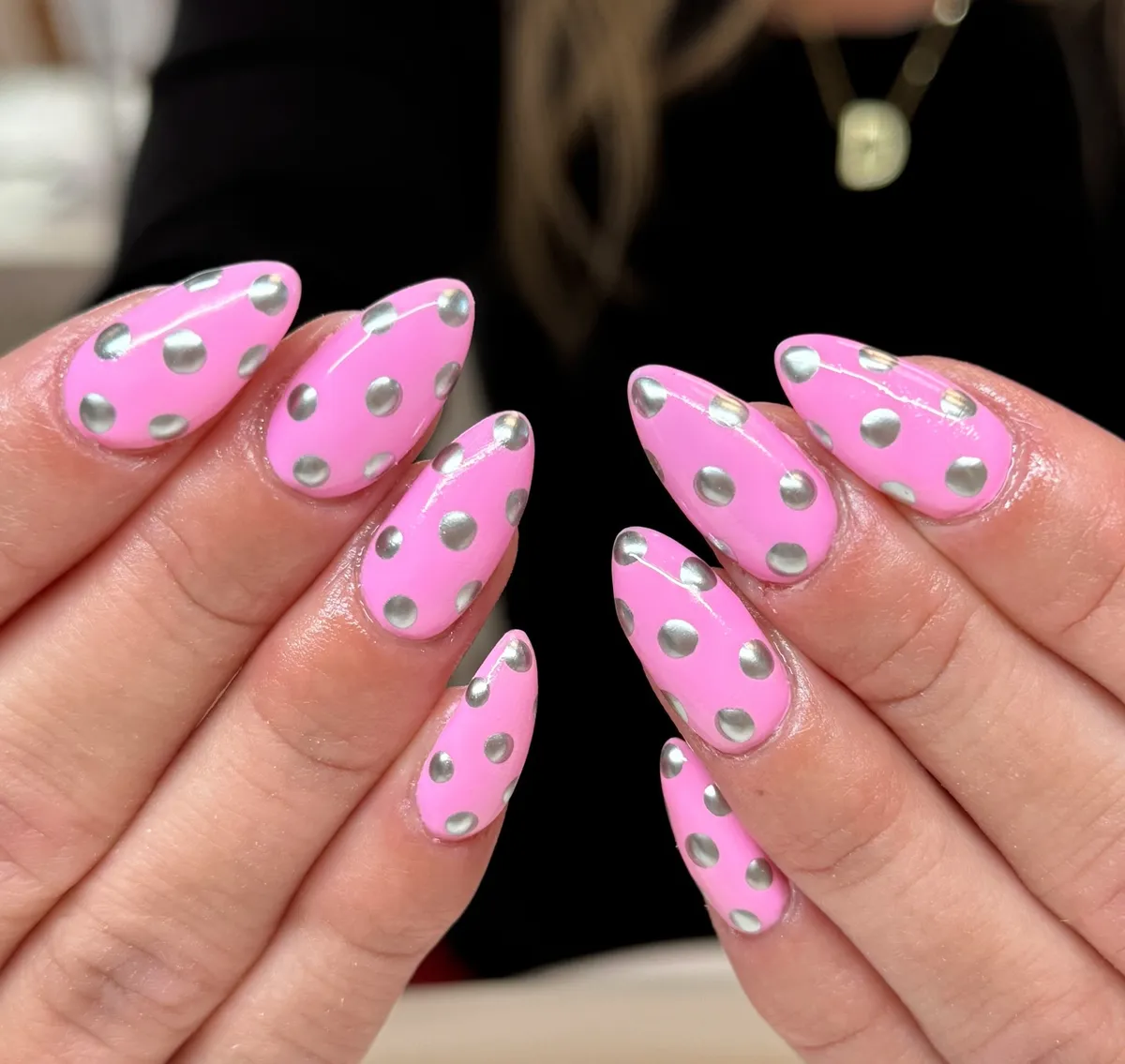 Bright Pink Nails with Large Silver Polka Dots