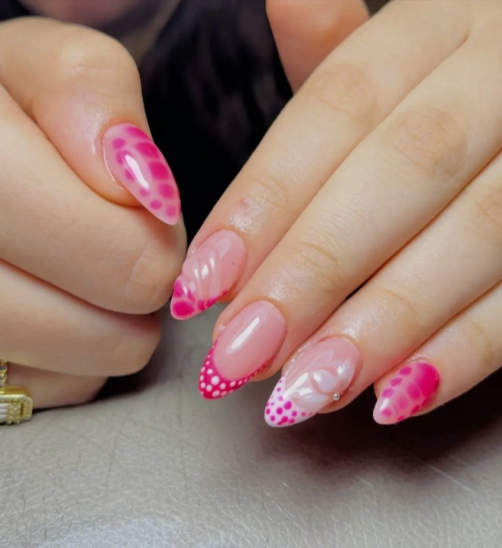 Mixed pink patterns with a polka-dot French tip