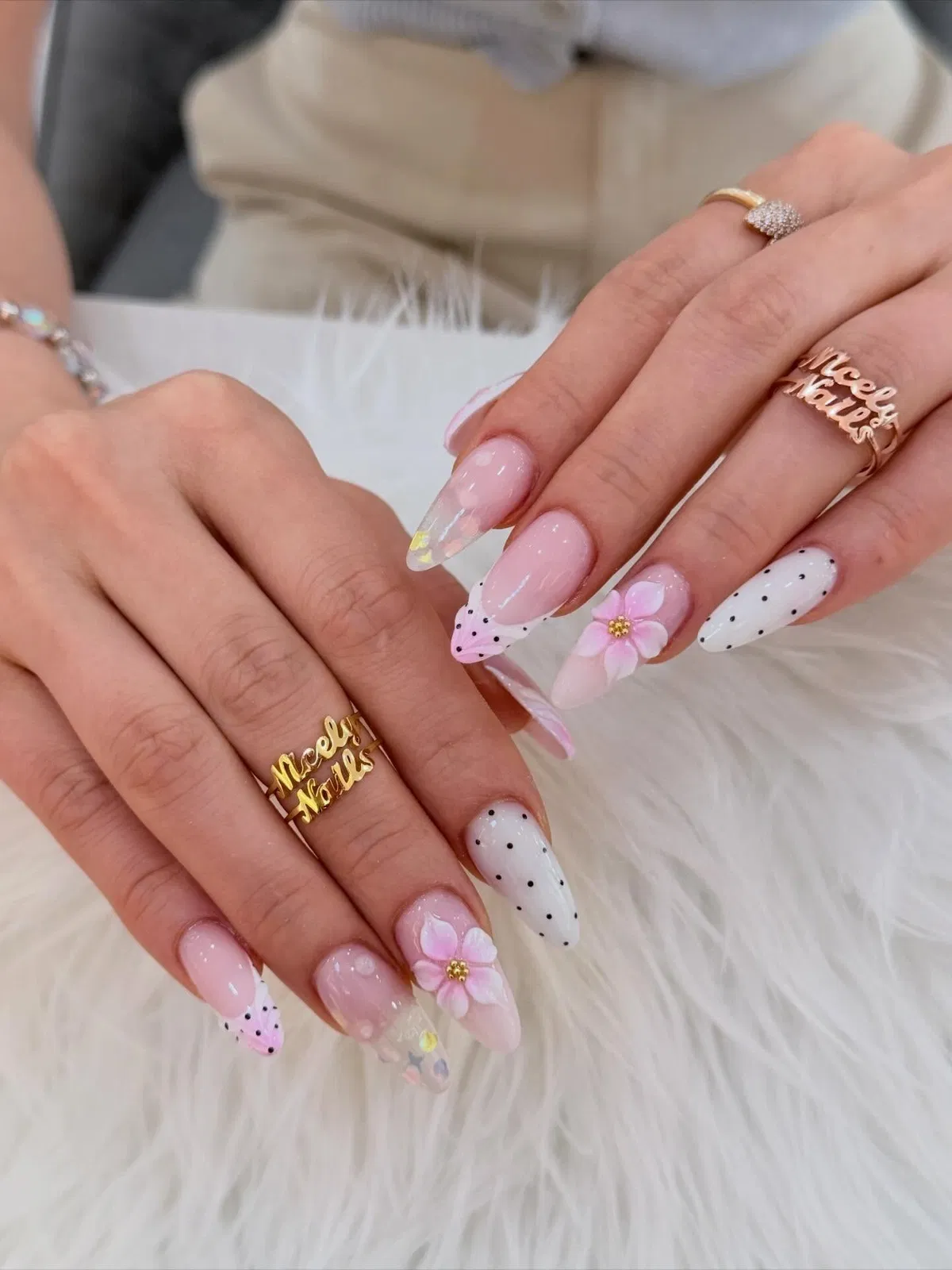 Soft pink set with polka dots and 3D flower accents