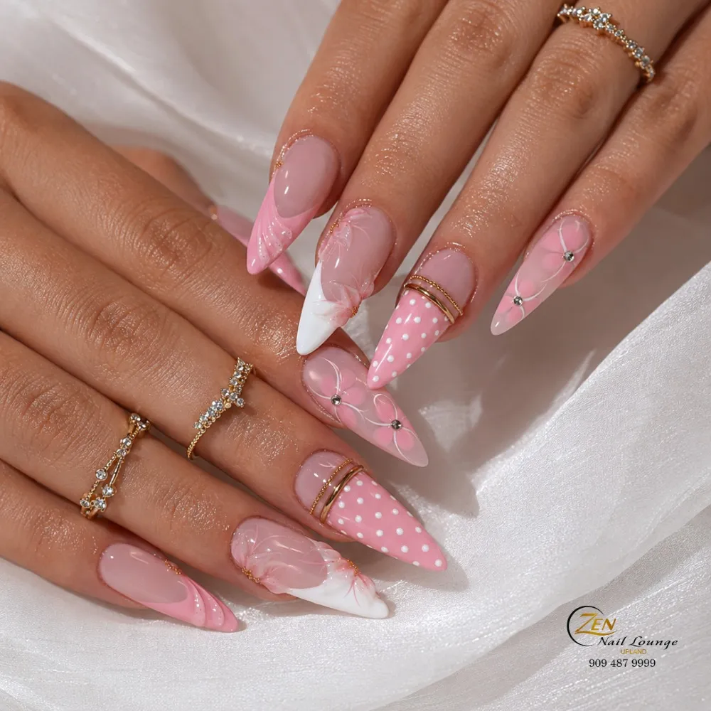 Stiletto pink set with polka dots, swirls, and rhinestone accents