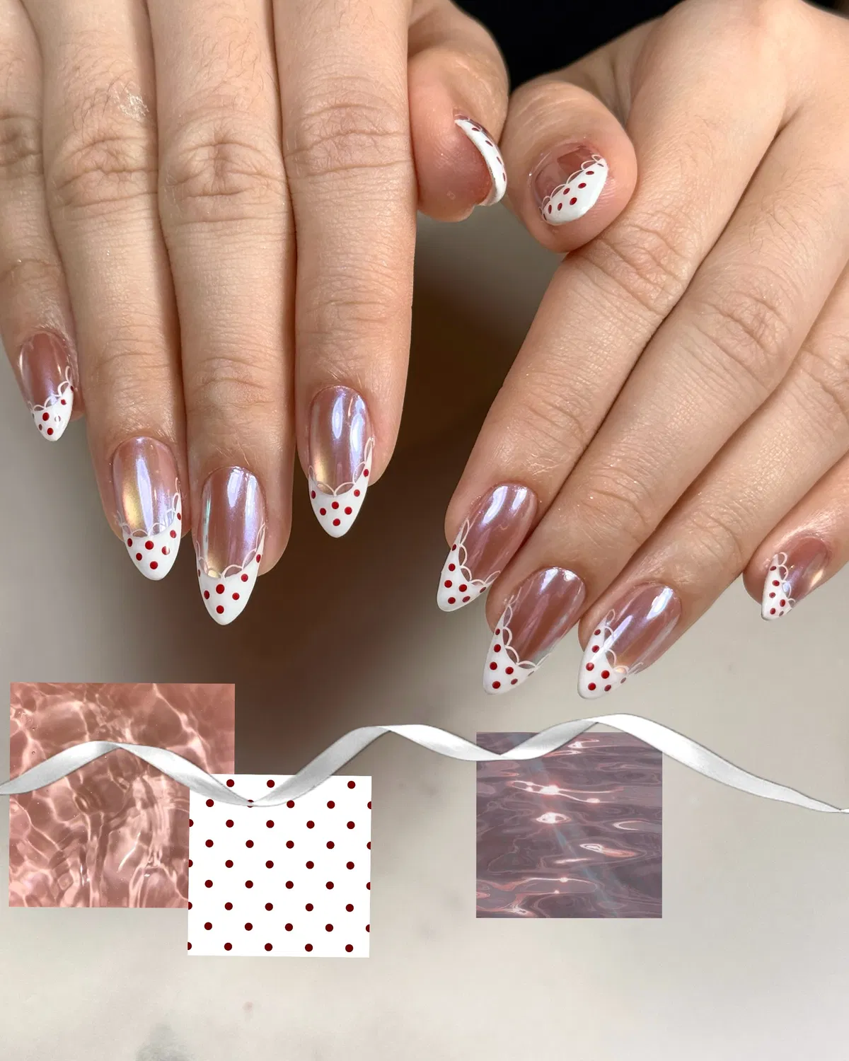 Reflective pink base with red polka-dot French tips