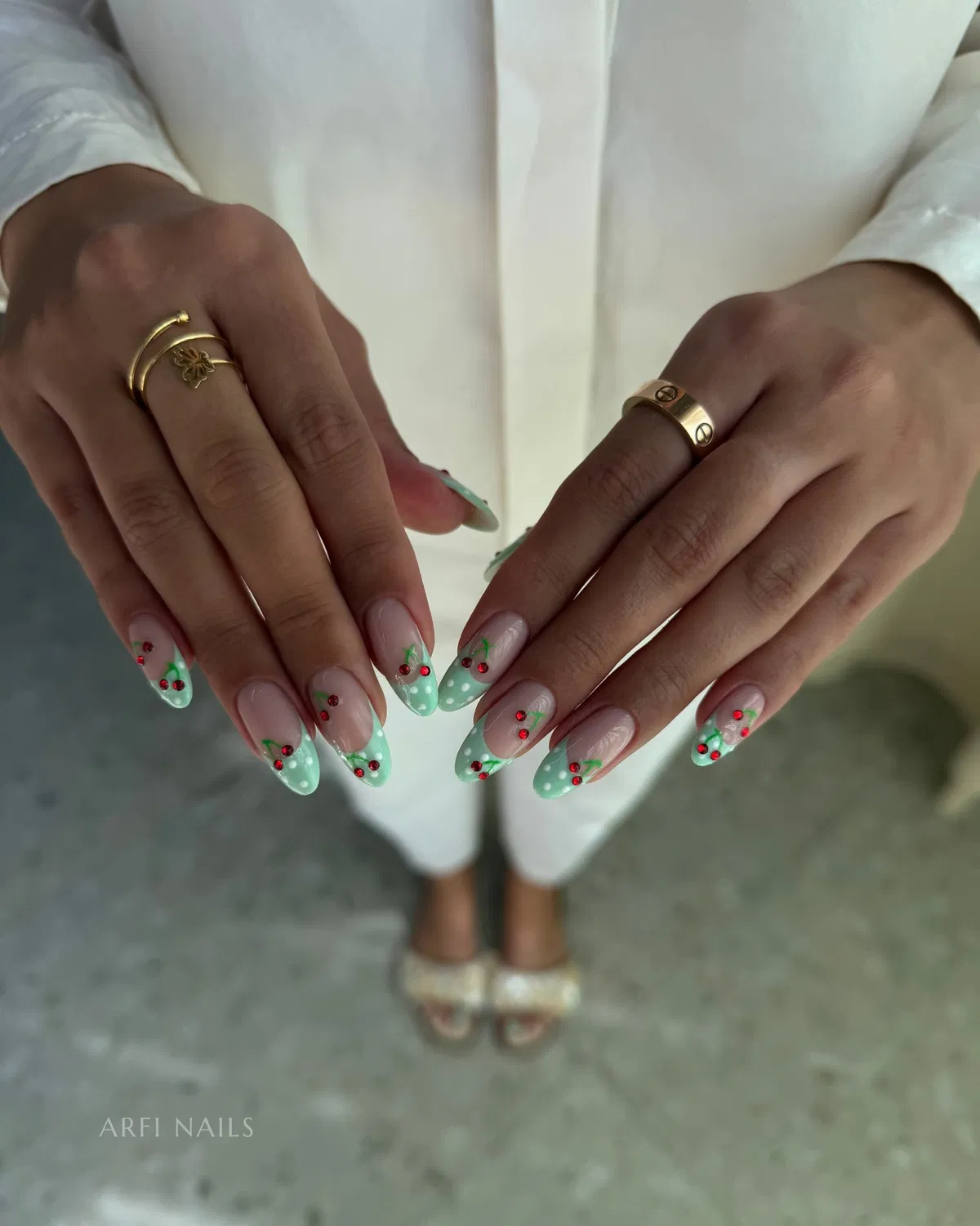 Mint polka-dot tips with red-and-green accents