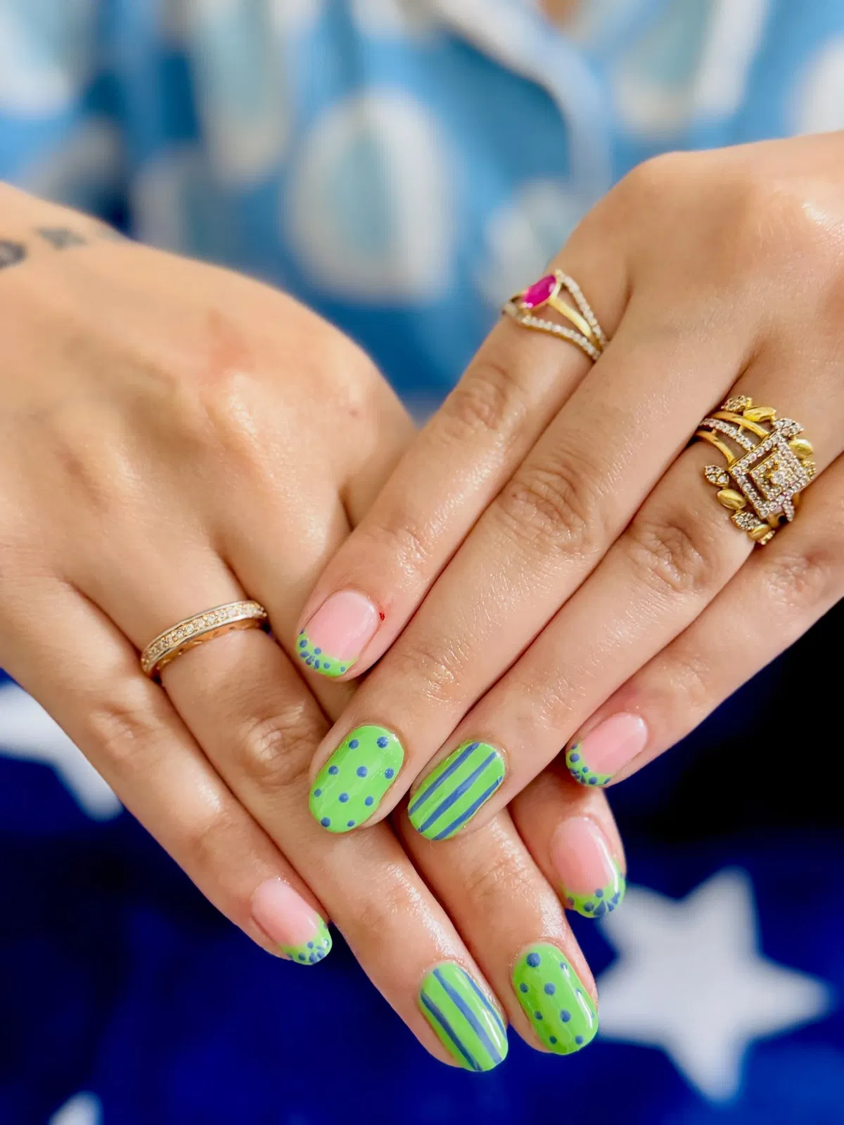 Bright Green and Blue Polka Dots with Striped Accent
