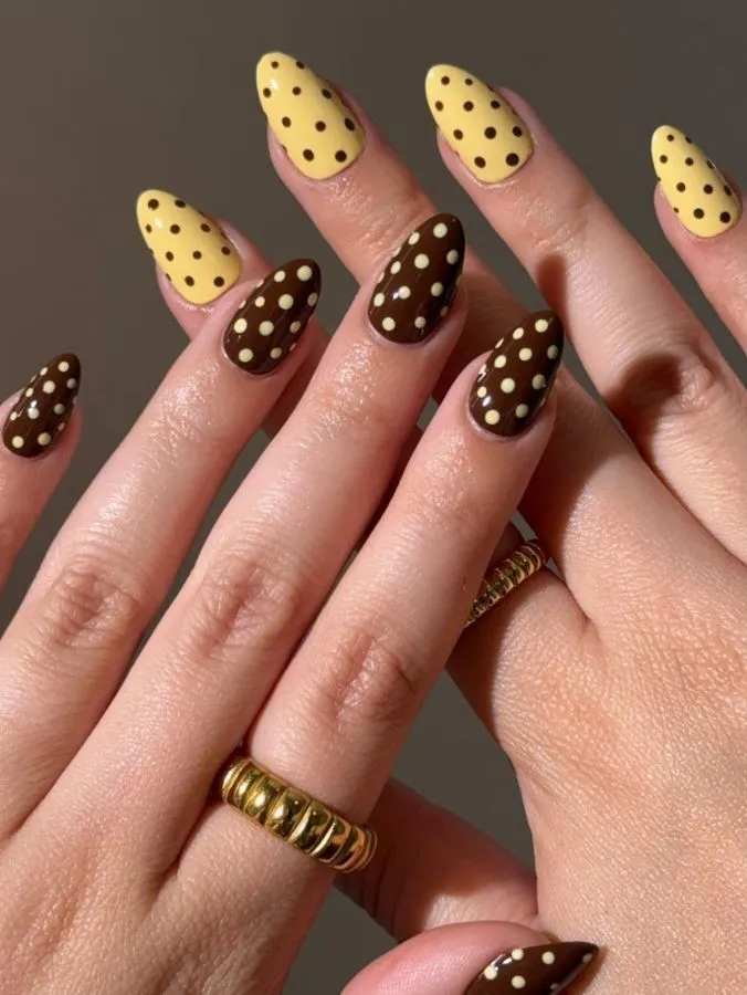 Yellow and brown alternating polka dot set